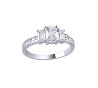 (P) Jewelco London Ladies Rhodium Sterling Silver Baguette & Emerald-cut CZ Channel-Set Shoulders Trilogy Engagement Ring - ARN138