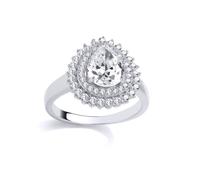 (P) Jewelco London Ladies Rhodium Sterling Silver Pear CZ Double Teardop Halo Cluster Solitaire Engagement Ring - GSR1015