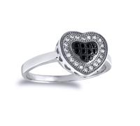 (P) Jewelco London Ladies Solid 9ct White Gold Black and White Round Brilliant Cubic Zirconia Love Heart Pave Ring