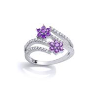 (P) Jewelco London Ladies Sterling Silver Lilac Cubic Zirconia Split Shoulder Twin Daisy Crossover Dress Ring - GVR856