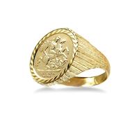 (P) Jewelco London Men's Solid 9ct Gold Ribbed Barked St George & Dragon Medallion Ring (Half Sov Size) - JRN183-H-SG