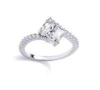 (P) Jewelco London Rhodium Plated Sterling Silver Oval & Radiant CZ Toi et Moi Bypass Cluster Eternity Ring - GSR1045
