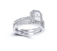 (P) Jewelco London Sterling Silver Baguette & Emerald-cut CZ Shoulder-set Octagon Halo Solitaire Wedfit Bridal Rings Set - ARN148