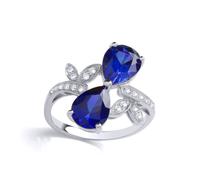 (P) Jewelco London Sterling Silver Blue Pear CZ Olive Leaf Branch Duology Bow Toi et Moi Ring - GVR890