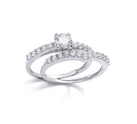 (P) Jewelco London Sterling Silver CZ Solitaire Wishbone Eternity Bridal Rings Set - GVR849
