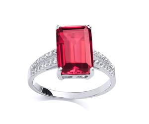 (P) Jewelco London Sterling Silver Ruby-Red Emerald Cut Cubic Zirconia Shoulder-Set 4 Claw Solitaire Ring - GVR660RUBY