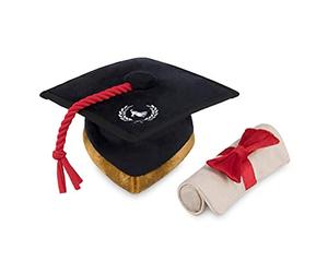 P.L.A.Y. Dog Plush Toy - Back to School Graduation Hat & Scroll or Hat & Badge - Durable, Handmade, Machine Washable, Eco-Friendly Fill, Fun Squeaky Toy for Small to Medium Dogs