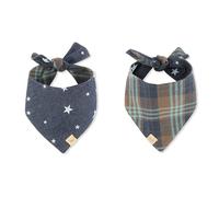 P.L.A.Y. Doggy Duo Reversible Brown Plaid & Stars Pet Bandana for X-Small & Small Dogs - Fits Neck up to 15", Made from 100% Cotton Canvas, Easy Tie-on Style, Machine Washable (The Rockstar)