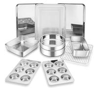 P&P CHEF Bakeware Sets of 11, Stainless Steel Baking Pans Set, Includes Baking Sheets and Rack, Lasagna Pan with Lid, Round/ Square Cake Pan, Muffin Pans, Loaf Pan, Reusable & Durable