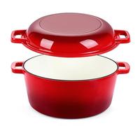 P&P CHEF Enameled Dutch Oven Pot for Bread Baking, 2 in 1 Round 5Qt Cast Iron Dutch Oven with Lid Set, Skillet & Pot for Roasting Braising Stewing Frying Simmering, Multi Stoves & Oven Safe, Red