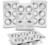 P&P CHEF Muffin Pan Cupcake Baking Pan Set, Stainless Steel Muffin Tin Tray for Mini Cake Tart Quiche, Oven & Dishwasher Safe, Non-toxic & Heavy-duty, (6 Cup, 4Pcs)