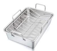 P&P CHEF Roaster Roasting Pan with Baking Rack and V-shaped Rack, Stainless Steel Rectangular Lasagna Pan with Handles for Turkey Chicken, Healthy & Dishwasher Safe, 3 Pieces, (16", Silver)