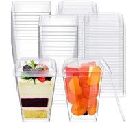 P PIPITA Modern 50Pack 5OZ Square Clear Dessert Cups with Lids and Spoons, Reusable Mini Dessert Bowls for Finger Food, Mousse, Pudding, Party Desserts