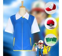 P-PokemonING Go Cosplay Kids Adult Anime Ash Ketchum Clothes Men Blue Jacket Costume Boys Girls Halloween Party Cosplay costume XXL only top