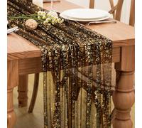 P Pothuiny 2 Pcs Black Gold Table Runner 28 x 120 Inch, Glitter Metallic Foil Tulle Table Runner Party Golden Sheer Gauze Table Decor for Wedding Birthday Christmas Anniversary