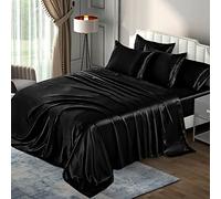 P Pothuiny 6 Pieces Full Satin Sheets Luxury Silky Black Satin Bedding Sheet Set, 1 Deep Pocket Fitted Sheet + 1 Flat Sheet + 4 Pillow Cases