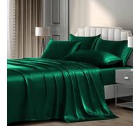 P Pothuiny 6 Pieces Full Satin Sheets Luxury Silky Blackish Green Satin Bedding Sheet Set, 1 Deep Pocket Fitted Sheet + 1 Flat Sheet + 4 Pillow Cases