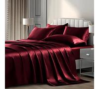 P Pothuiny 6 Pieces Full Satin Sheets Luxury Silky Burgundy Satin Bedding Sheet Set, 1 Deep Pocket Fitted Sheet + 1 Flat Sheet + 4 Pillow Cases