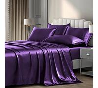 P Pothuiny 6 Pieces Full Satin Sheets Luxury Silky Purple Satin Bedding Sheet Set, 1 Deep Pocket Fitted Sheet + 1 Flat Sheet + 4 Pillow Cases