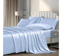 P Pothuiny 6 Pieces King Satin Sheets Luxury Silky Baby Blue Satin Bedding Sheet Set, 1 Deep Pocket Fitted Sheet + 1 Flat Sheet + 4 Pillow Cases