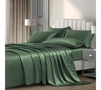 P Pothuiny 6 Pieces King Satin Sheets Luxury Silky Woodland Green Satin Bedding Sheet Set, 1 Deep Pocket Fitted Sheet + 1 Flat Sheet + 4 Pillow Cases