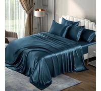 P Pothuiny 6 Pieces Queen Satin Sheets Luxury Silky Navy Blue Satin Bedding Sheet Set, 1 Deep Pocket Fitted Sheet + 1 Flat Sheet + 4 Pillow Cases