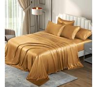 P Pothuiny 6 Pieces Queen Satin Sheets Luxury Silky Rich Gold Satin Bedding Sheet Set, 1 Deep Pocket Fitted Sheet + 1 Flat Sheet + 4 Pillow Cases