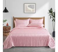 P Pothuiny Queen Satin Bed Linen Set, 6 Pieces Blush Pink Striped, Luxury Bedding with 1 Fitted Sheet, 1 Flat Sheet, 4 Pillowcases