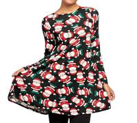 P&R DANCEWEAR LTD Ladies Kids Girls Santa Print Black Skater Swing Dress Christmas Festive Party Round Neck - Novelty Dress - Pullover for Women S-M