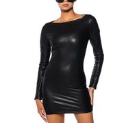 P&R DANCEWEAR LTD Ladies Wet Look Long Sleeve Pu Women’s Bodycon Faux Leather Mini Dress Above Knee Length - Perfect for Any Occasion - Simple & Stylish Dress (Black, M-L)