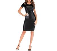 P&R DANCEWEAR LTD Ladies Wet Look Short Sleeve PU Womens Bodycon Midi Dress - Perfect for Any Occasion - Simple & Stylish Black Dress S-M