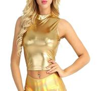 P&R DANCEWEAR LTD Metallic Wet Look Crop top Sleeveless Turtle Neck Tank Tops - Party Wear Gold 9-10 Years