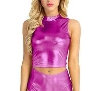 P&R DANCEWEAR LTD Metallic Wet Look Crop top Sleeveless Turtle Neck Tank Tops - Party Wear Pink M-L