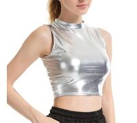 P&R DANCEWEAR LTD Metallic Wet Look Crop top Sleeveless Turtle Neck Tank Tops - Party Wear Silver S-M