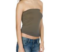 P&R DANCEWEAR LTD New Womens Ladies Vest Strapless Ruched Sleeveless Boob Tube Basic Stretch Bandeau Tank Top Long Seamless Crop Tops for Women Girls Khaki 12-14