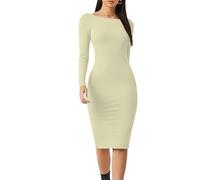 P&R DANCEWEAR LTD Women's Long Sleeve Bodycon Dress - Stylish Round Neck Dress for Summer, Casual, Evening, Party & Everyday Wear (Cream, S-M)