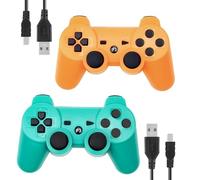 RUEIURI P-S3 Controller 2 Pack PS-3 Wireless controller Playstation 3 Controller Wireless Bluetooth Gamepad with USB Charger Cable for PS-3 ((Orange+Green))