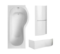 P Shape 1700x850 Right Hand Shower Bath Set - Squared Front Panel, Curved P Bath Screen with Towel Rail & Leg Set