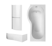 Balterley 1700 x 850mm P Shape Shower Bath with Leg Set, Chrome P Shape Shower Screen with Towel Rail & P-Shaped Bath Panel, Left Hand Single Ended Gloss White Soaking Baths, Acrylic Baths (White)