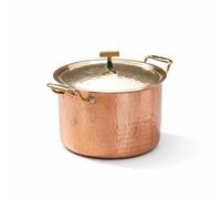 P•TAL Handcrafted Pure Copper Stock Pot with Lid | 7 L Heavy Duty Copper Cooking Pot | Traditional Golden Finish with Line Design | Large Capacity Kitchen & Serving Handi (Large)