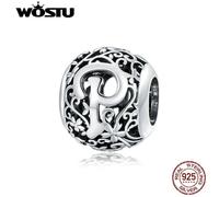 (P) Wostu Authentic Original 925 Sterling Silver Mori Letter A-z Charm Beads For Women Bracelet & Bangle Diy Jewelry Making