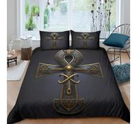P5V6M1Q9 3D Printed Ancient Egyptian Ankh Duvet Cover Microfiber Soft Breathable Gothic Black Bedding Set with 2 Pillowcases for Bedroom Decor Single（135x200cm）