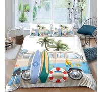 P5V6M1Q9 3D Printed Beach Surf Bus Duvet Cover Microfiber Soft Breathable Palm Tree Bedding Set with 2 Pillowcases for Bedroom Decor Single（135x200cm）