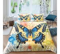 P5V6M1Q9 3D Printed Blue Yellow Butterfly Duvet Cover Microfiber Soft Breathable Watercolor Bedding Set with 2 Pillowcases Bedroom Decor Single（135x200cm）