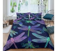 P5V6M1Q9 3D Printed Colorful Dragonfly Duvet Cover Microfiber Soft Breathable Night Forest Bedding Set with 2 Pillowcases for Bedroom Home Decor Single（135x200cm）