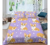 P5V6M1Q9 3D Printed Corgi Dog Pattern Duvet Cover Microfiber Soft Breathable Purple Star Bedding Set with 2 Pillowcases for Bedroom Decor Single（135x200cm）