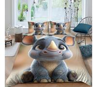 P5V6M1Q9 3D Printed Cute Cartoon Rhino Duvet Cover Microfiber Soft Breathable Animal Bedding Set with 2 Pillowcases for Bedroom Decor Single（135x200cm）