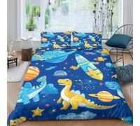 P5V6M1Q9 3D Printed Dinosaur Space Duvet Cover Microfiber Soft Breathable Rocket Bedding Set with 2 Pillowcases for Bedroom Decor Single（135x200cm）