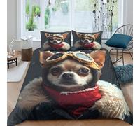 P5V6M1Q9 3D Printed Dog Aviator Duvet Cover Microfiber Soft Breathable Pilot Chihuahua Bedding Set with 2 Pillowcases for Bedroom Decor Single（135x200cm）