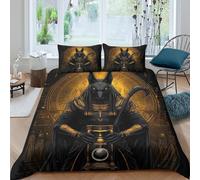 P5V6M1Q9 3D Printed Egyptian Anu uvet Cover Microfiber Soft Black Gold Pharaoh Bedding Set with 2 Pillowcases for Bedroom Decor Single（135x200cm）